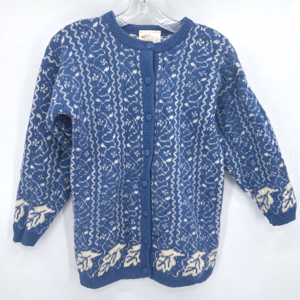 Edinburgh Cardigan Sweater Blue Pure New Wool Fair Isle Leaf Fall Winter Ski